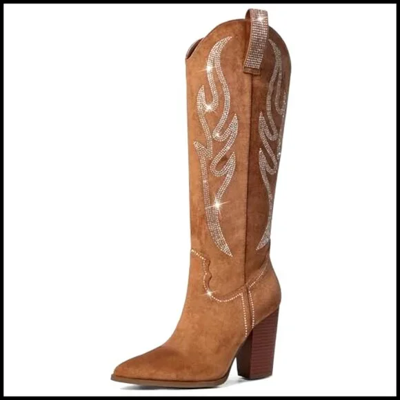 Knee High Cowboy Boots Suede Rhinestone Embroidered Western Chunky Heel Pointed - Picture 6 of 7